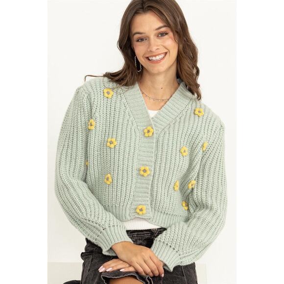 Hyfve Romantic Floral Cardigan Chunky Cropped Sweater Size M Grannycore Seafoam - Picture 10 of 10